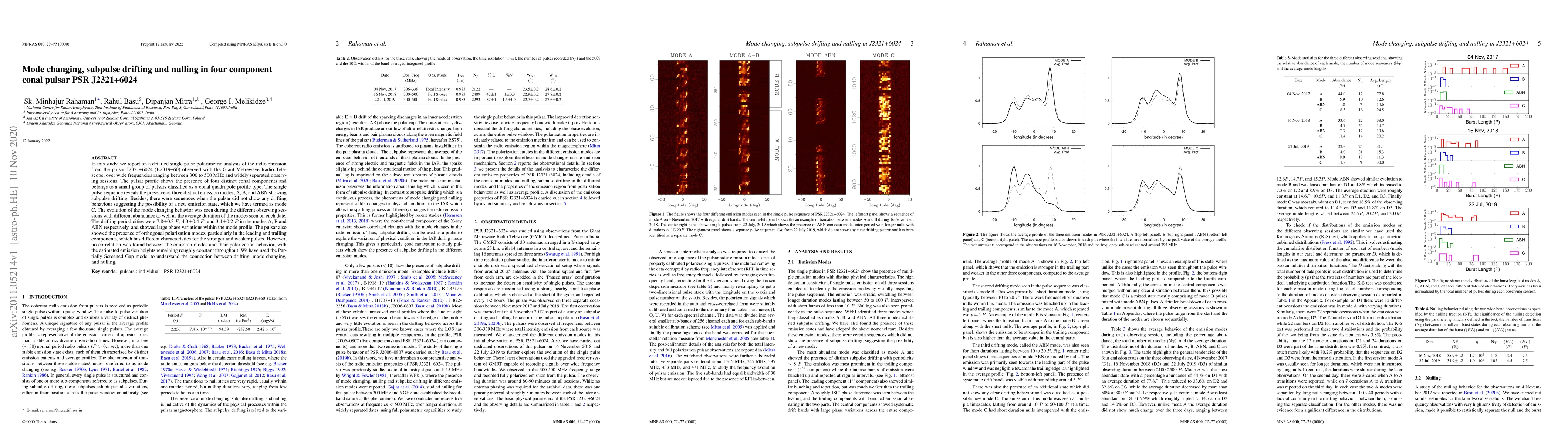 Thumbnail for Mode changing, subpulse drifting and nulling in four component conal
  pulsar PSR J2321+6024