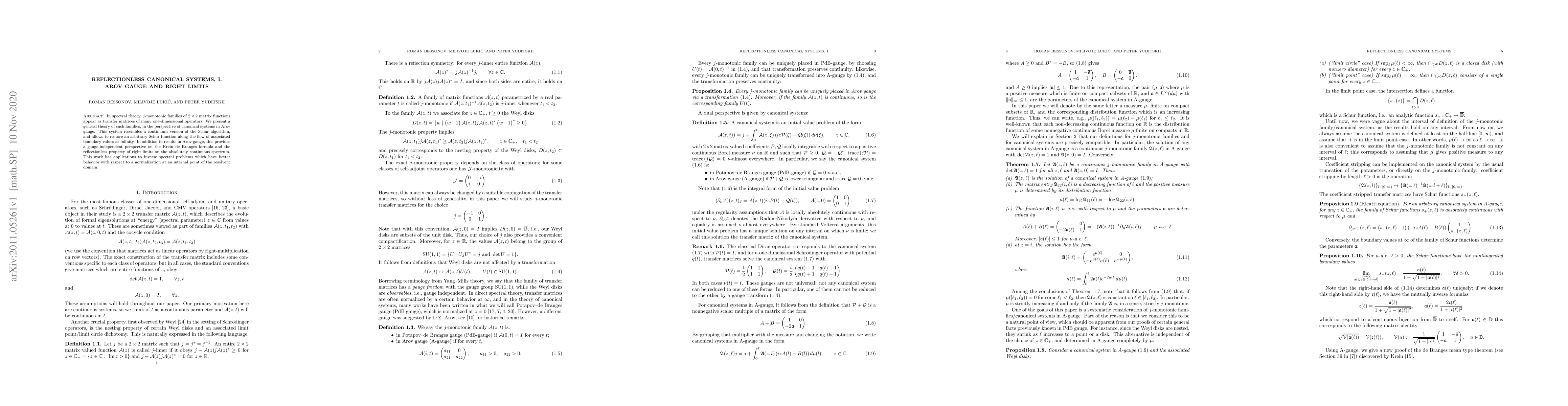 Thumbnail for Reflectionless canonical systems, I. Arov gauge and right limits