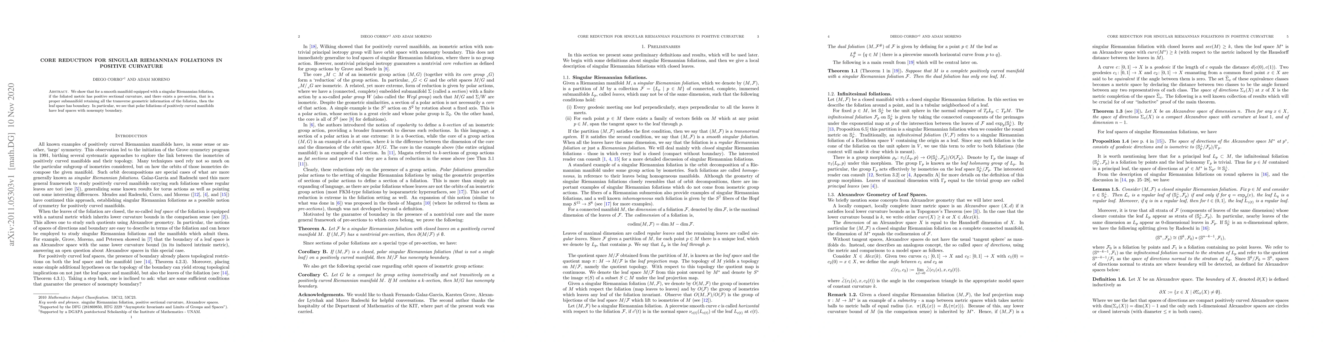 Thumbnail for Core reduction for singular Riemannian foliations in positive curvature