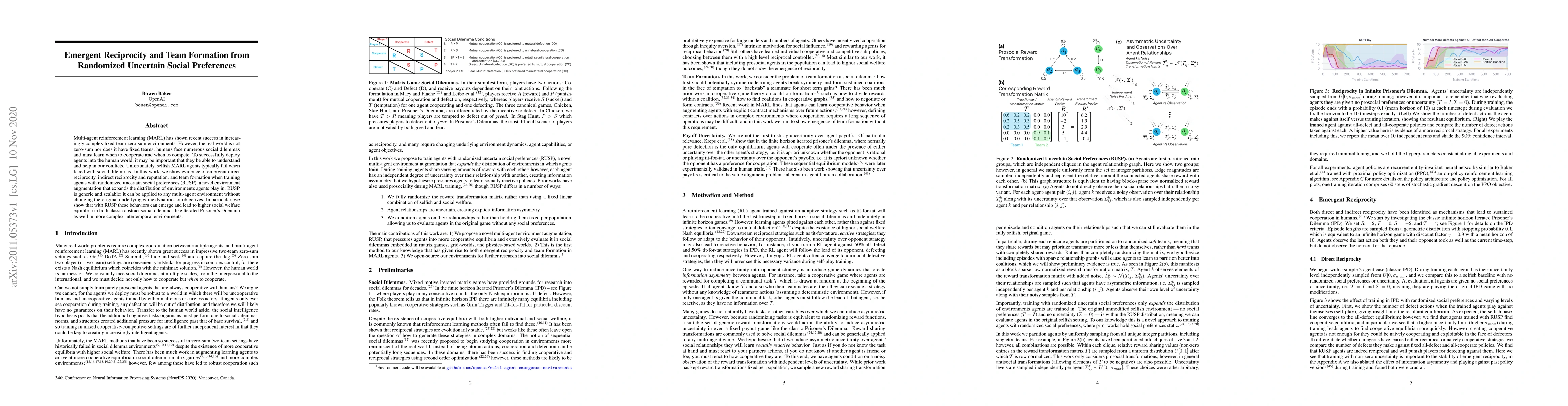 Thumbnail for Emergent Reciprocity and Team Formation from Randomized Uncertain Social
  Preferences