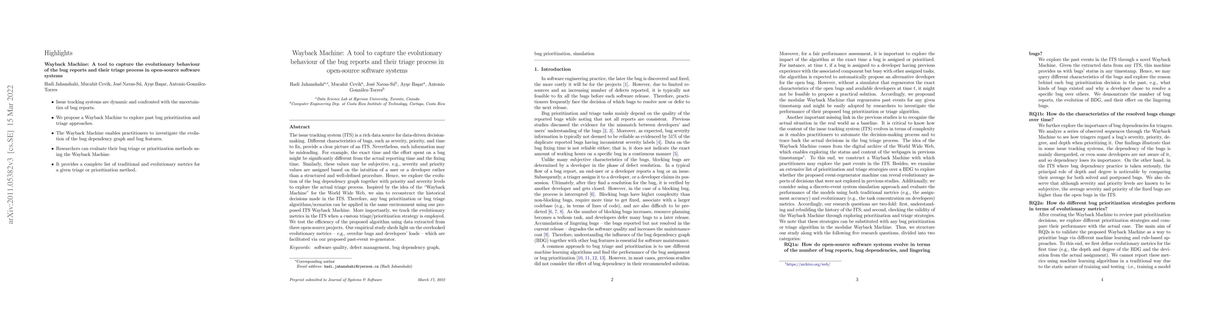 Thumbnail for Wayback Machine: A tool to capture the evolutionary behaviour of the bug
  reports and their triage process in open-source software systems