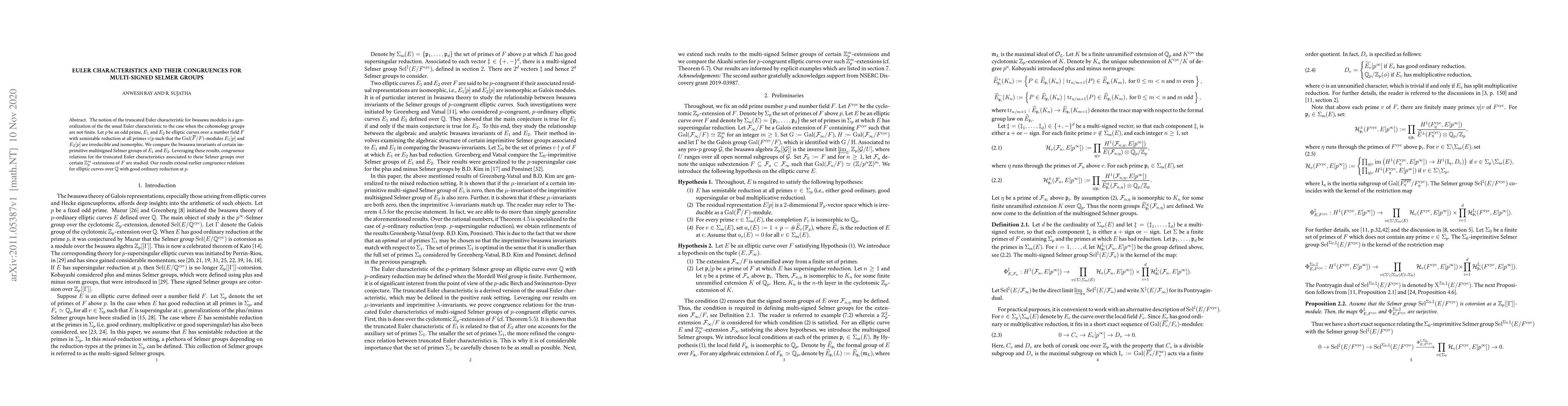 Thumbnail for Euler Characteristics and their Congruences for Multi-signed Selmer
  Groups