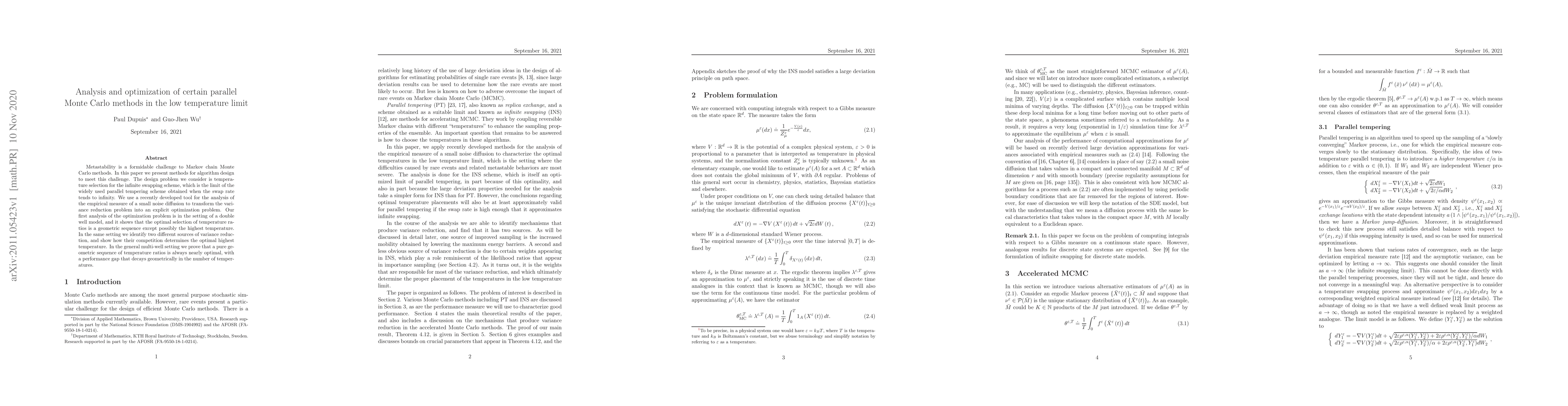 Thumbnail for Analysis and optimization of certain parallel Monte Carlo methods in the
  low temperature limit