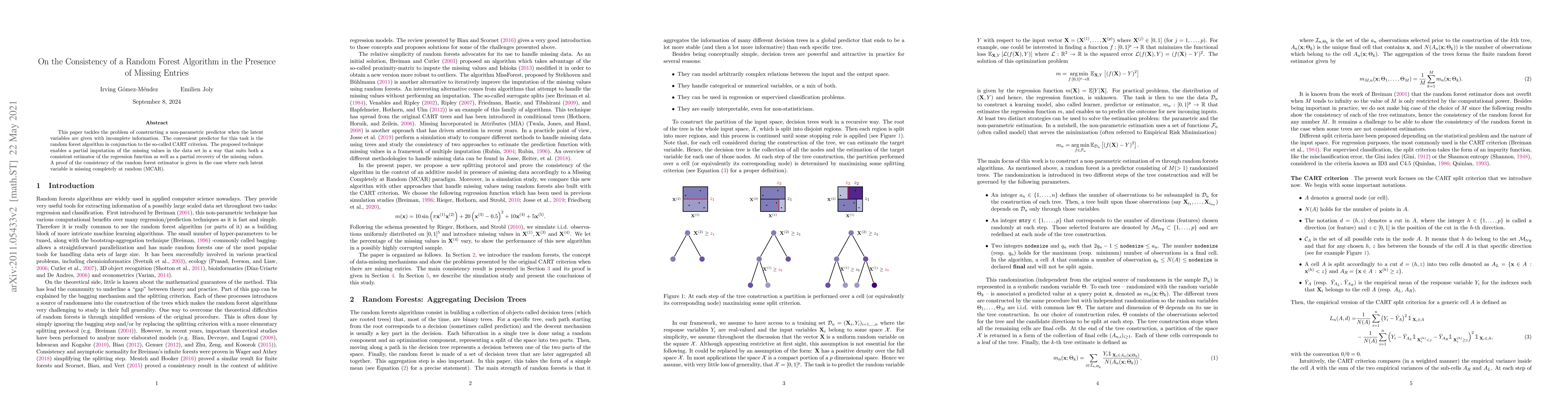 Thumbnail for On the Consistency of a Random Forest Algorithm in the Presence of
  Missing Entries