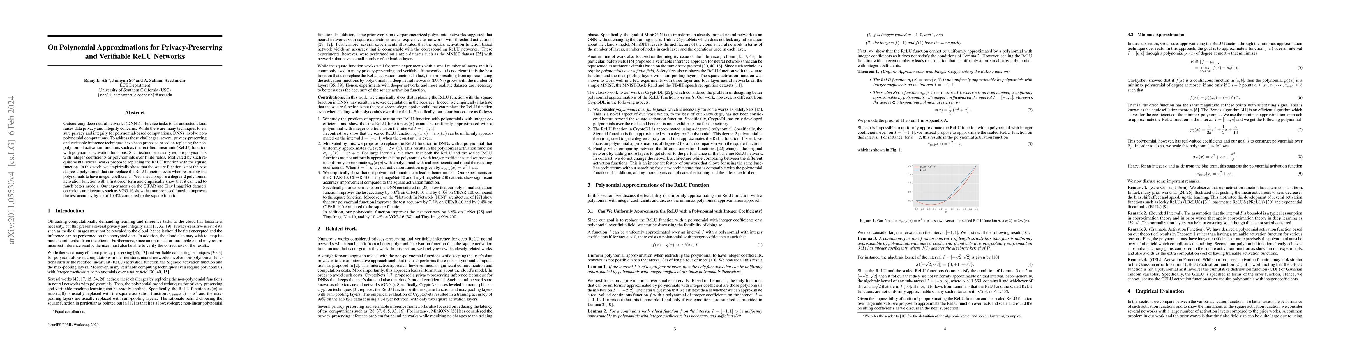 Thumbnail for On Polynomial Approximations for Privacy-Preserving and Verifiable ReLU
  Networks