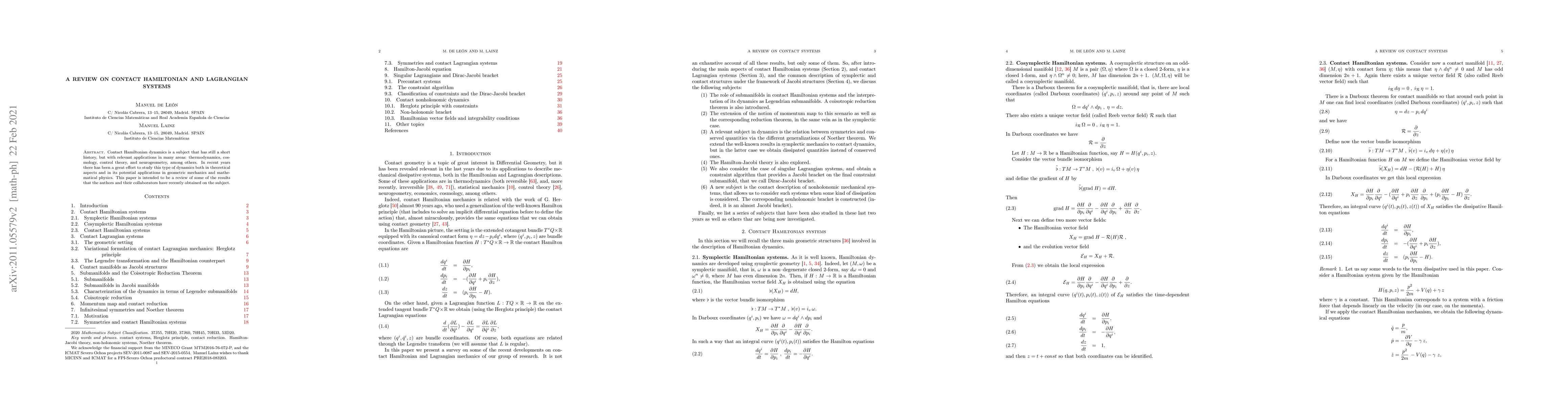 Thumbnail for A review on contact Hamiltonian and Lagrangian systems