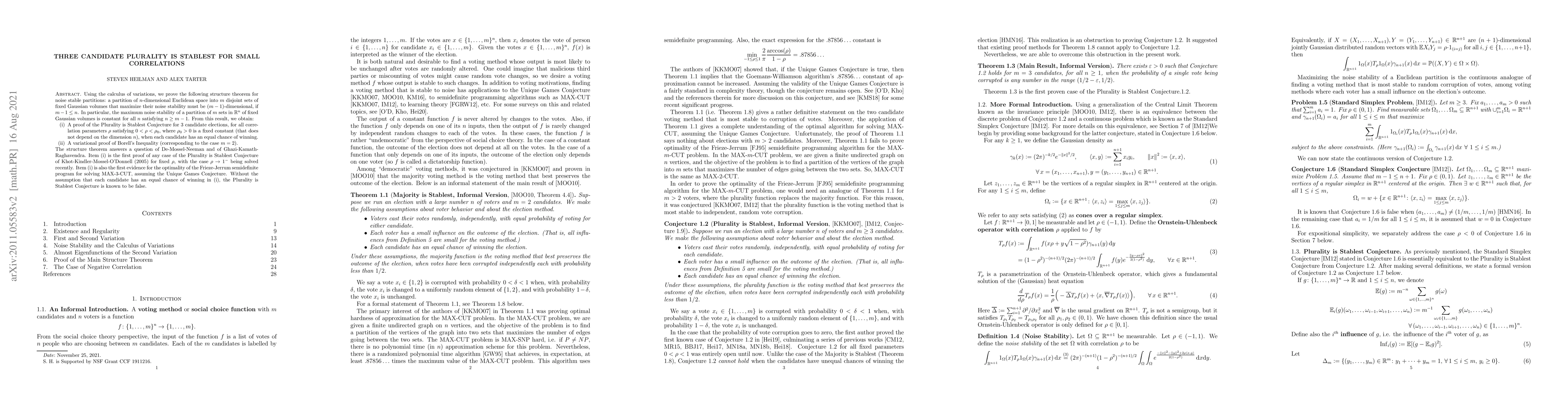 Thumbnail for Three Candidate Plurality is Stablest for Small Correlations