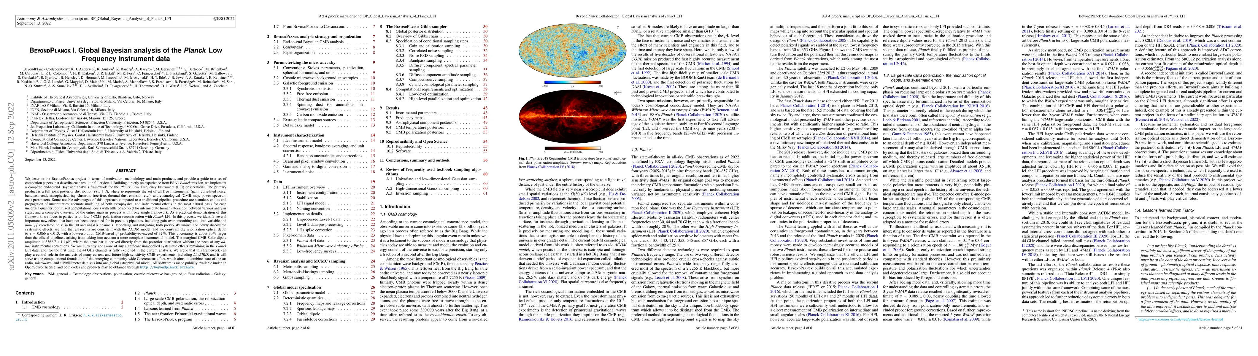 Thumbnail for BeyondPlanck I. Global Bayesian analysis of the Planck Low Frequency
  Instrument data