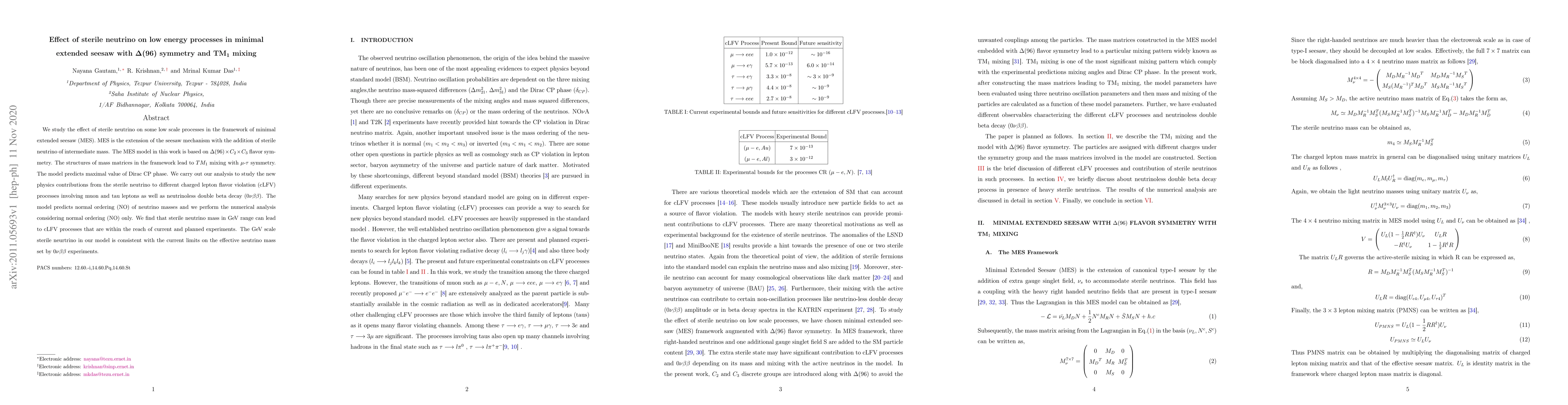 Thumbnail for Effect of sterile neutrino on low energy processes in minimal extended
  seesaw with $\Delta(96)$ symmetry and $\text{TM}_{1}$ mixing