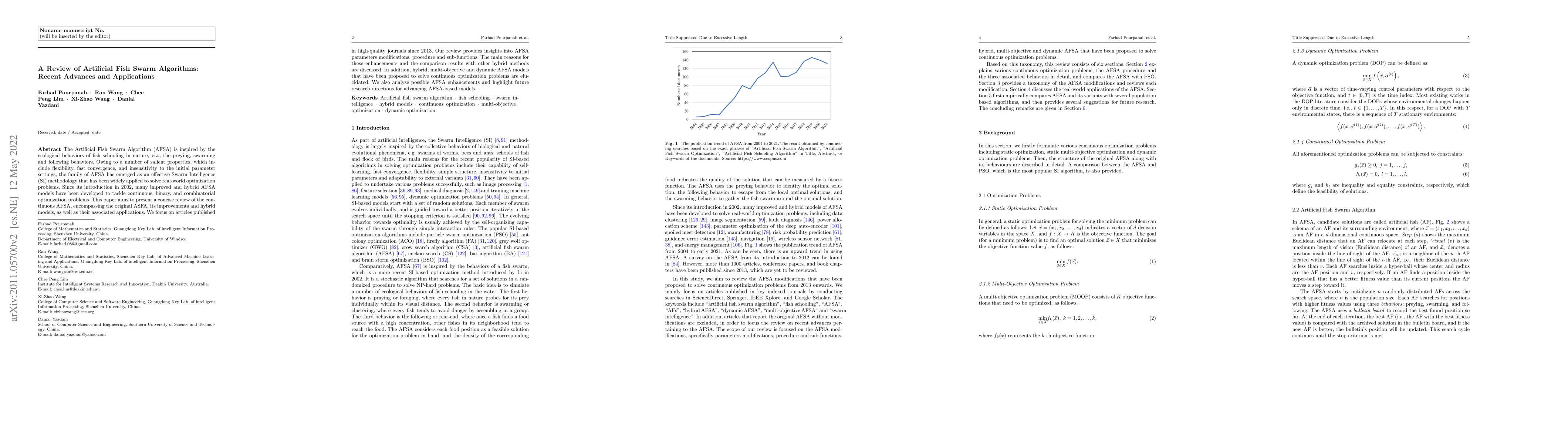Thumbnail for A Review of the Family of Artificial Fish Swarm Algorithms: Recent
  Advances and Applications
