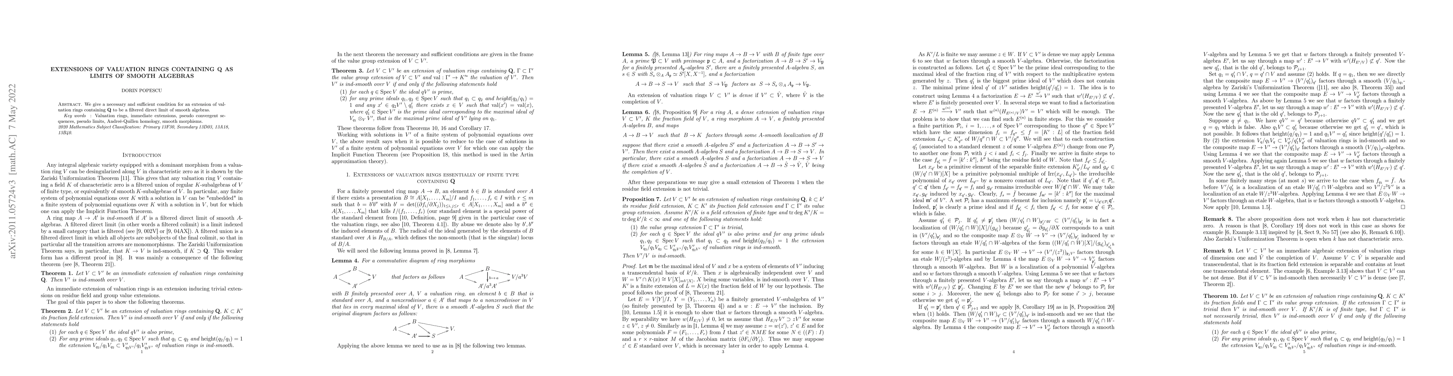 Thumbnail for Extensions of valuation rings containing $\bf Q$ as limits of smooth
  algebras