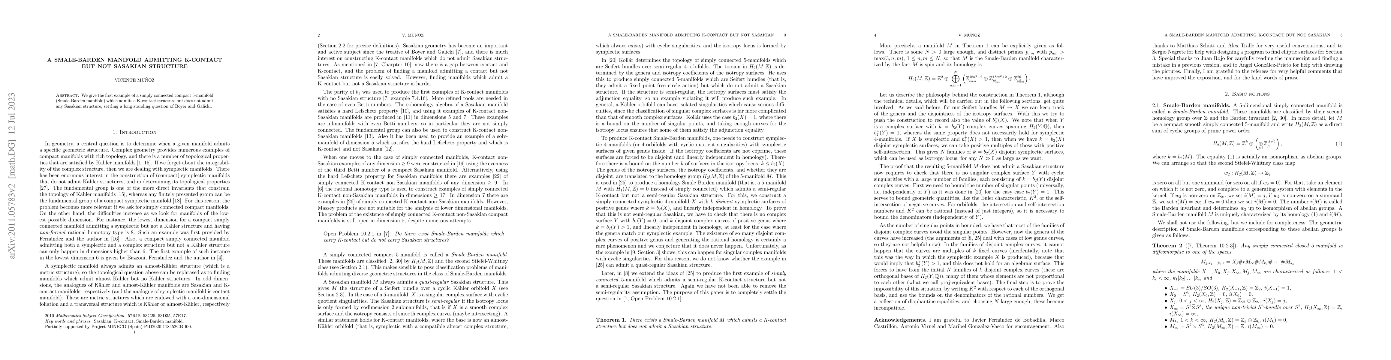 Thumbnail for A Smale-Barden manifold admitting K-contact but not Sasakian structure