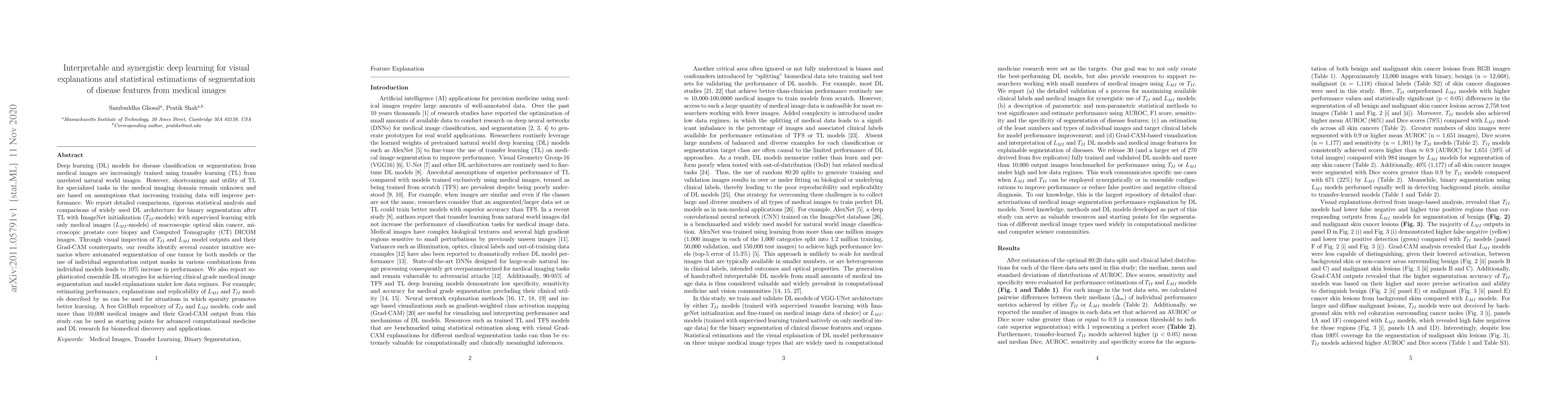 Thumbnail for Interpretable and synergistic deep learning for visual explanation and
  statistical estimations of segmentation of disease features from medical
  images