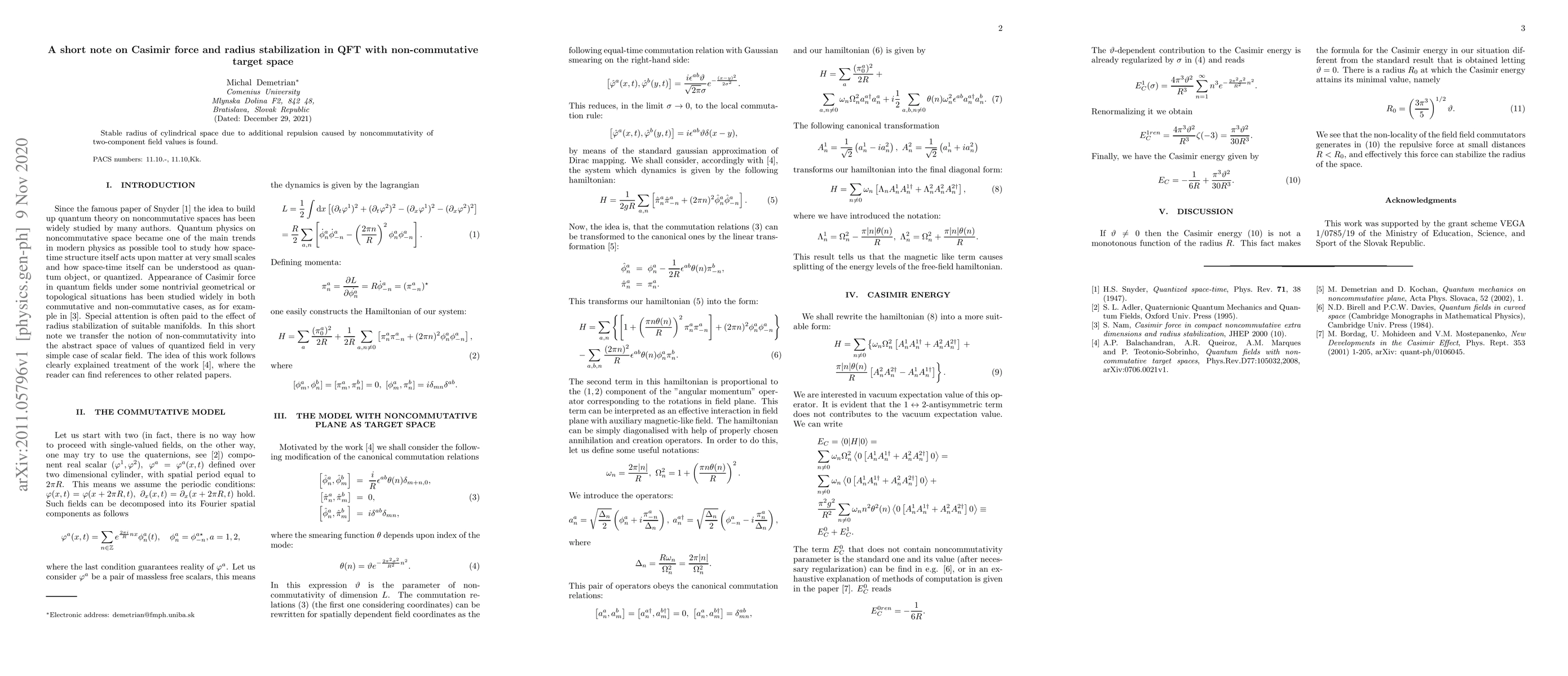 Thumbnail for A short note on Casimir force and radius stabilization in QFT with
  non-commutative target space