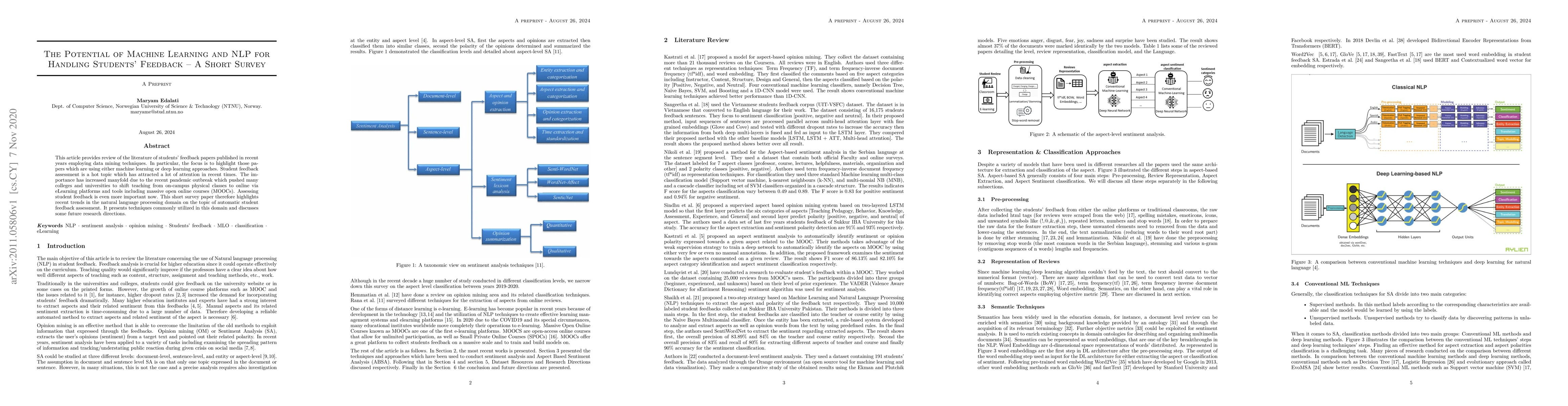 Thumbnail for The Potential of Machine Learning and NLP for Handling Students'
  Feedback (A Short Survey)