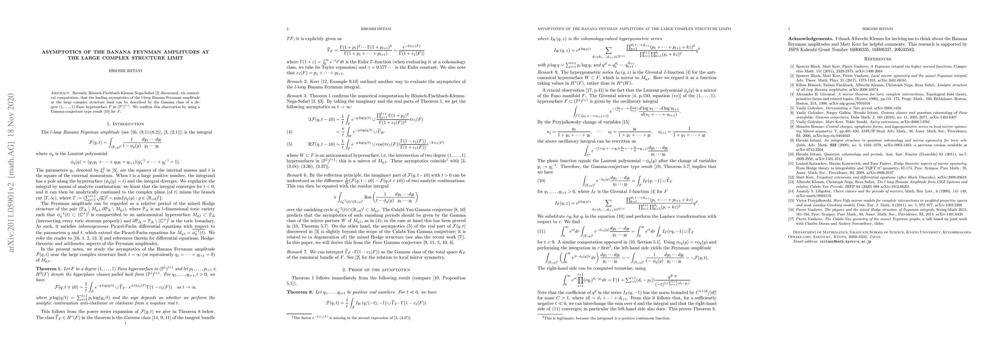 Thumbnail for Asymptotics of the banana Feynman amplitudes at the large complex
  structure limit