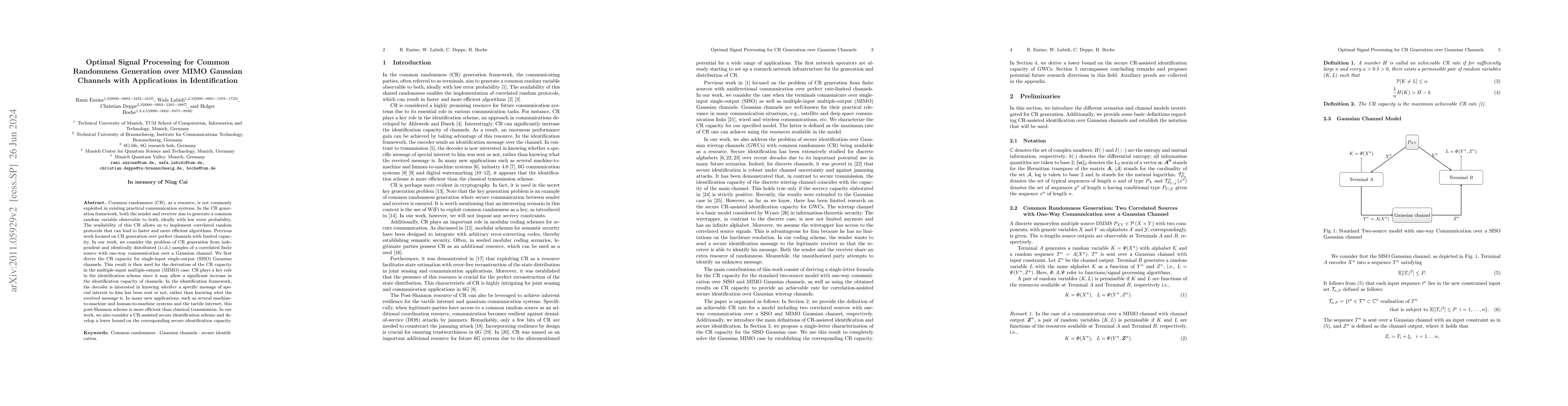 Thumbnail for Optimal Signal Processing for Common Randomness Generation over MIMO
  Gaussian Channels with Applications in Identification