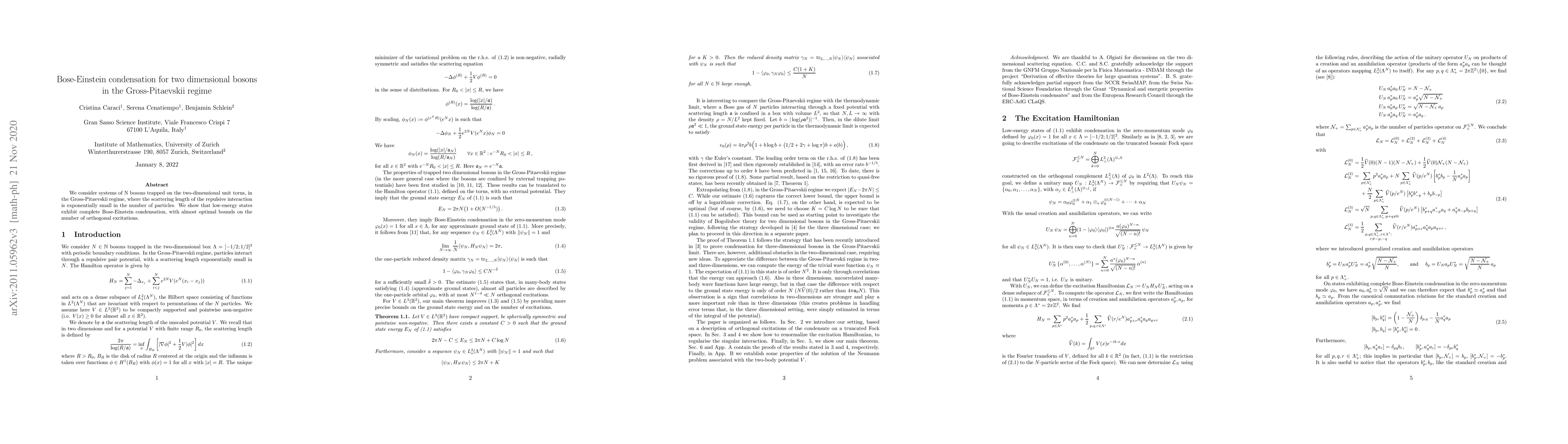 Thumbnail for Bose-Einstein condensation for two dimensional bosons in the
  Gross-Pitaevskii regime