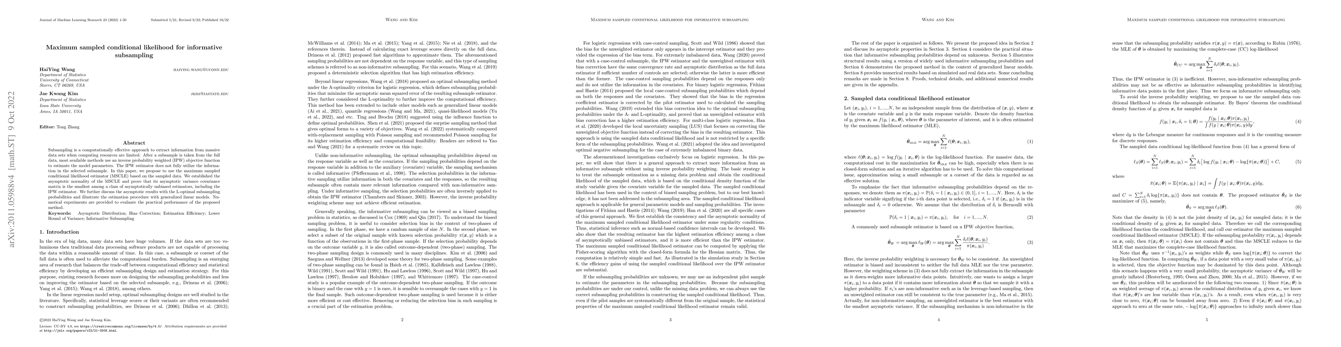 Thumbnail for Maximum sampled conditional likelihood for informative subsampling