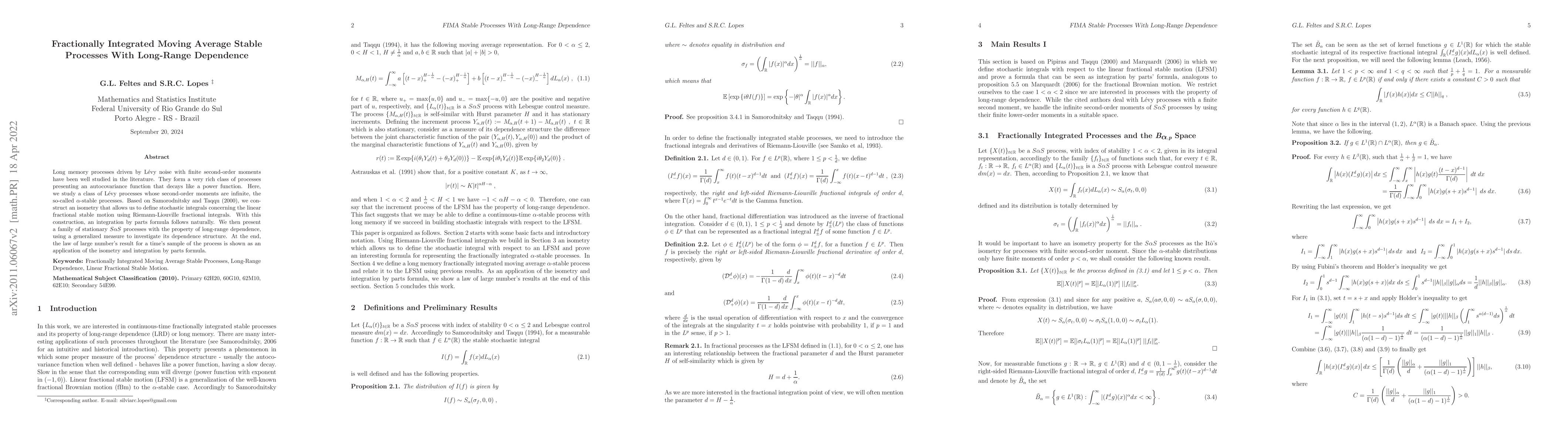Thumbnail for Fractionally Integrated Moving Average Stable Processes With Long-Range
  Dependence