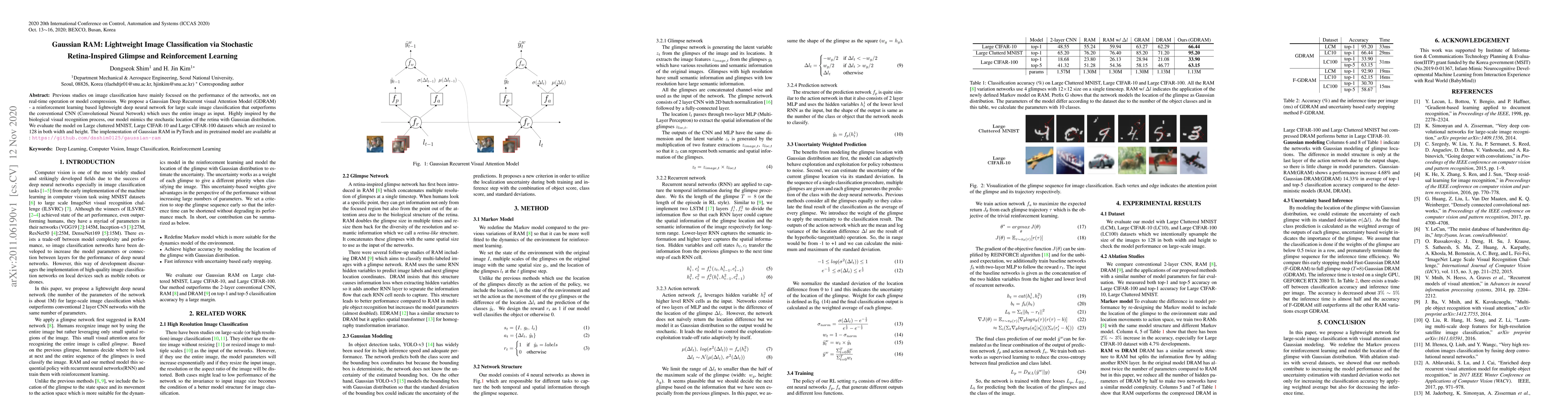 Thumbnail for Gaussian RAM: Lightweight Image Classification via Stochastic
  Retina-Inspired Glimpse and Reinforcement Learning