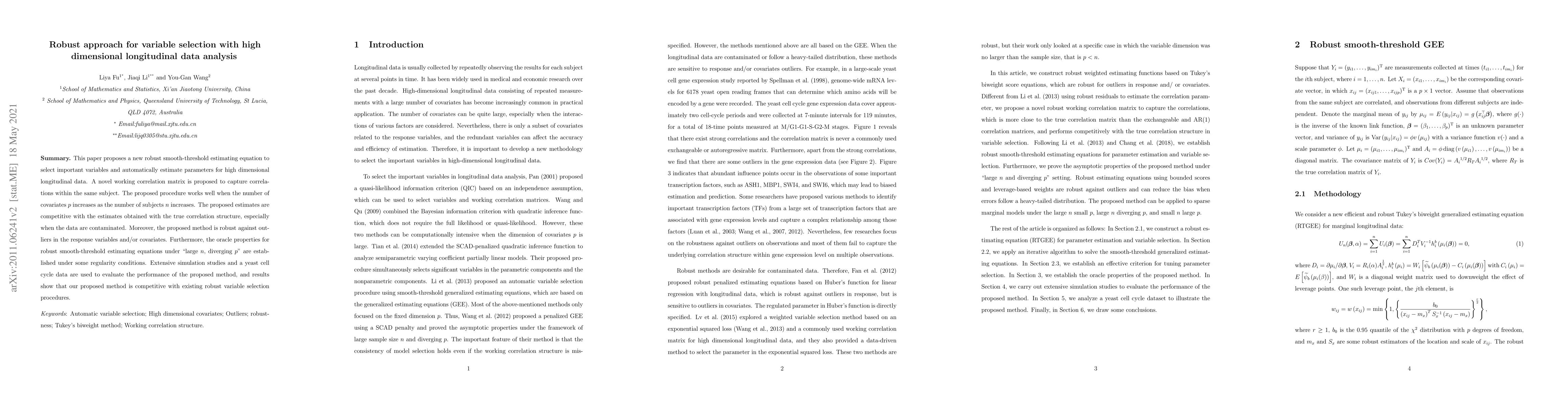 Thumbnail for Robust approach for variable selection with high dimensional Logitudinal
  data analysis