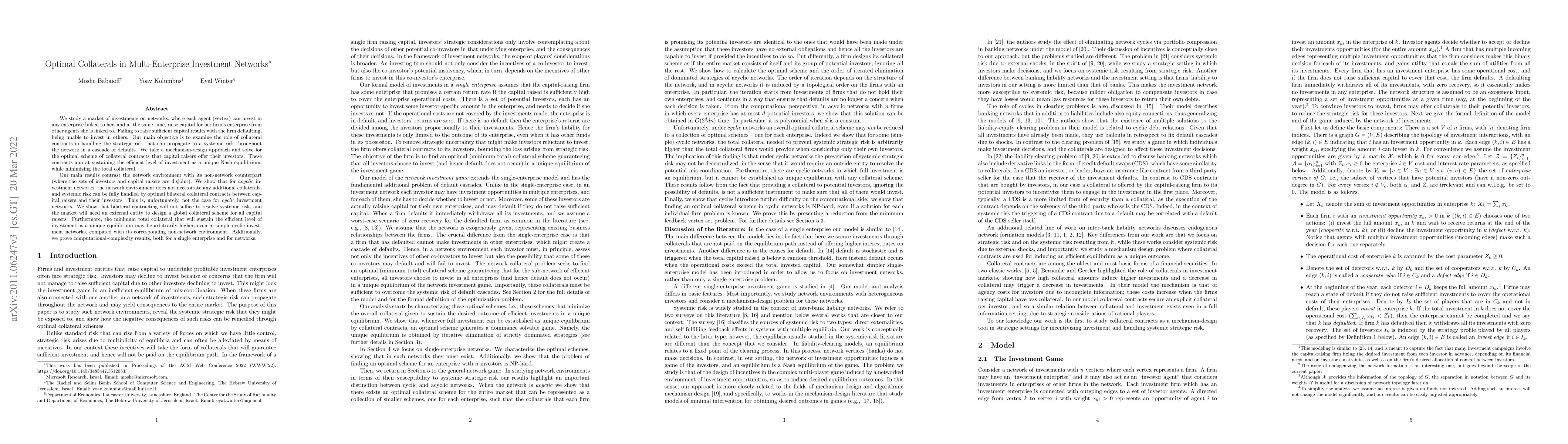 Thumbnail for Optimal Collaterals in Multi-Enterprise Investment Networks