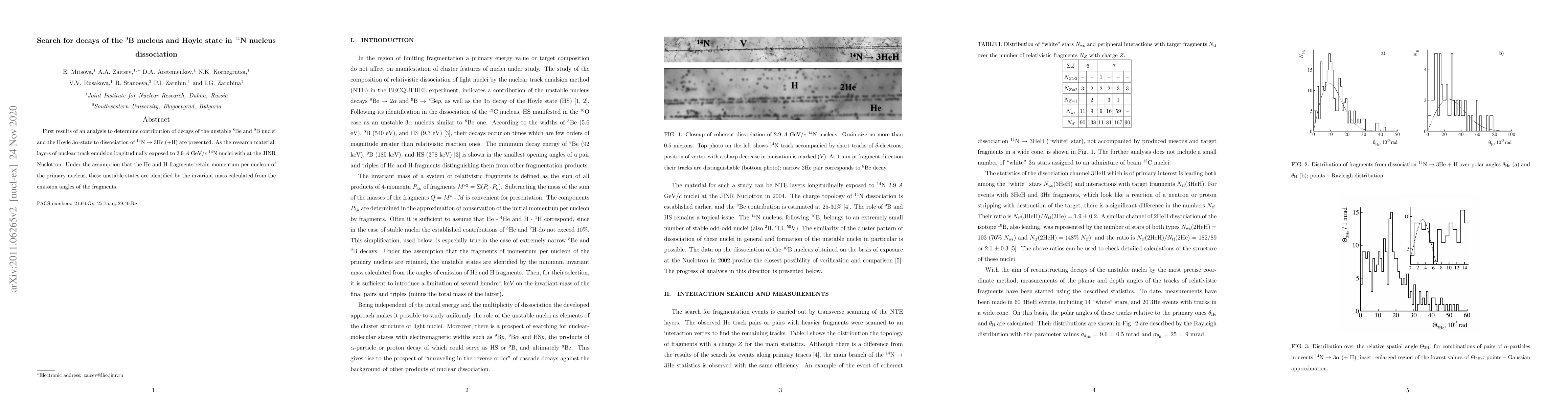 Thumbnail for Search for decays of the $^{9}$B nucleus and Hoyle state in $^{14}$N
  nucleus dissociation
