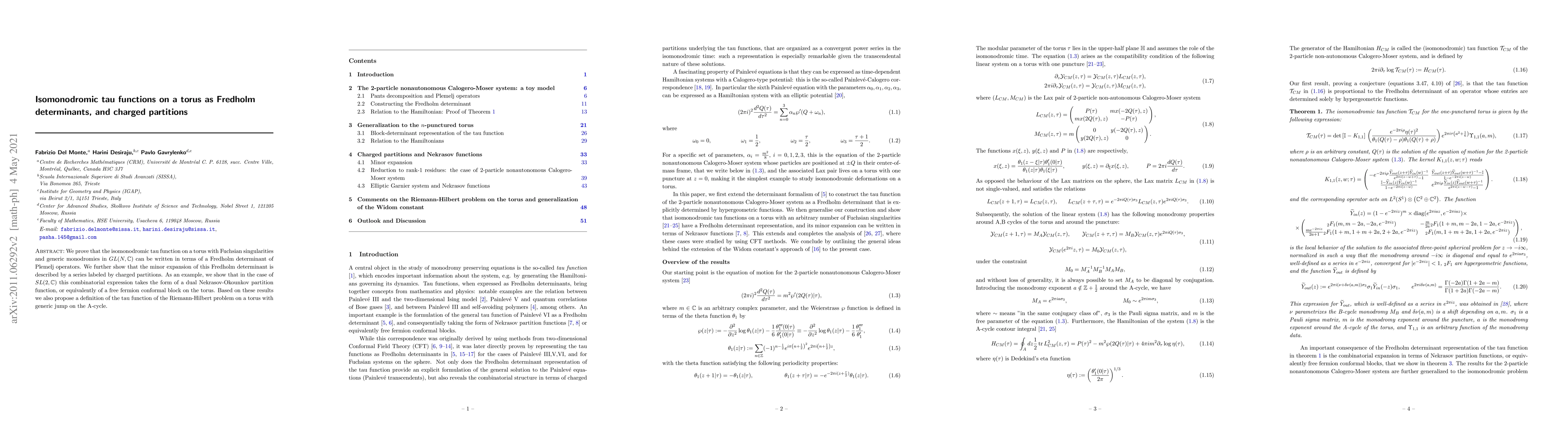 Thumbnail for Isomonodromic tau functions on a torus as Fredholm determinants, and
  charged partitions
