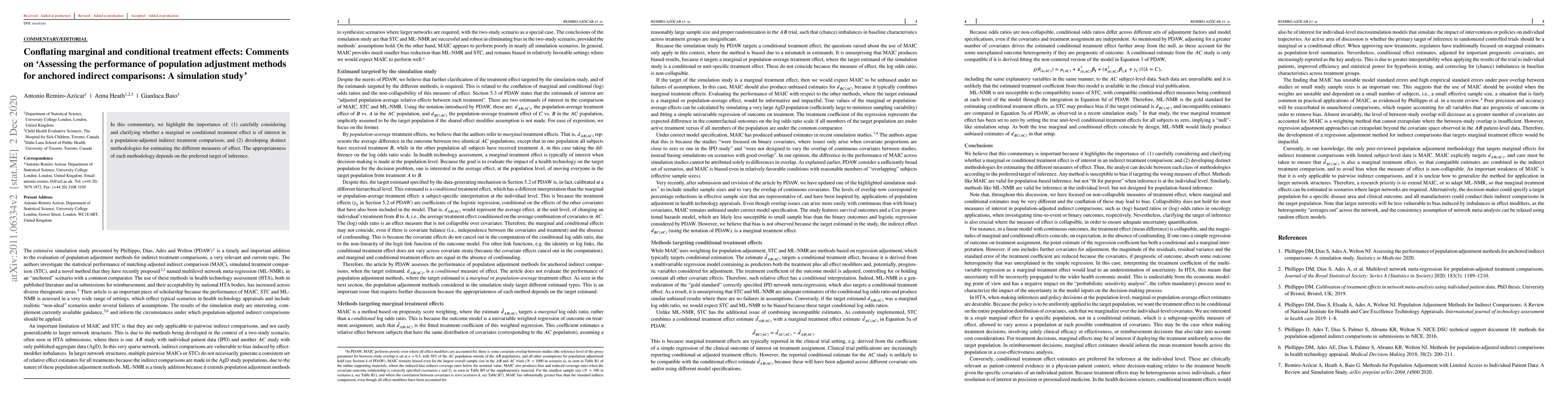 Thumbnail for Conflating marginal and conditional treatment effects: Comments on
  'Assessing the performance of population adjustment methods for anchored
  indirect comparisons: A simulation study'