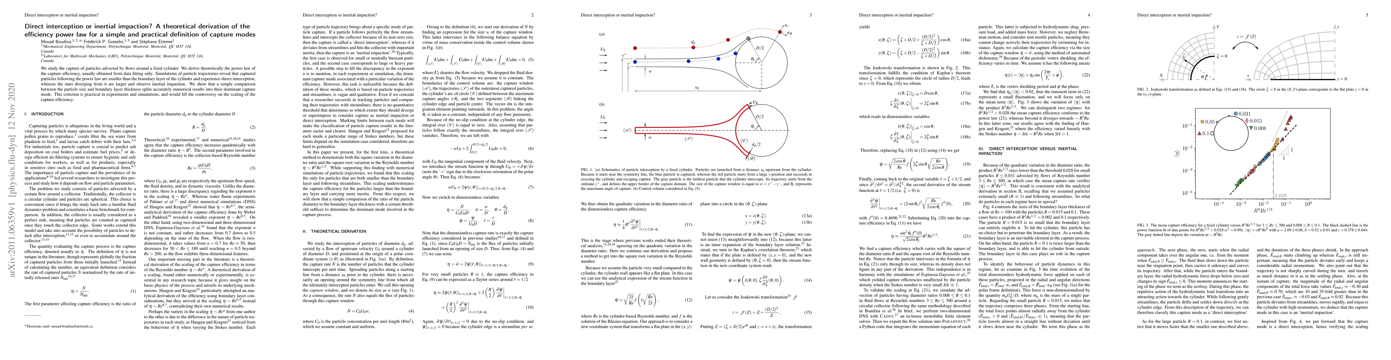 Thumbnail for Direct interception or inertial impaction? A theoretical derivation of
  the efficiency power law for a simple and practical definition of capture
  modes