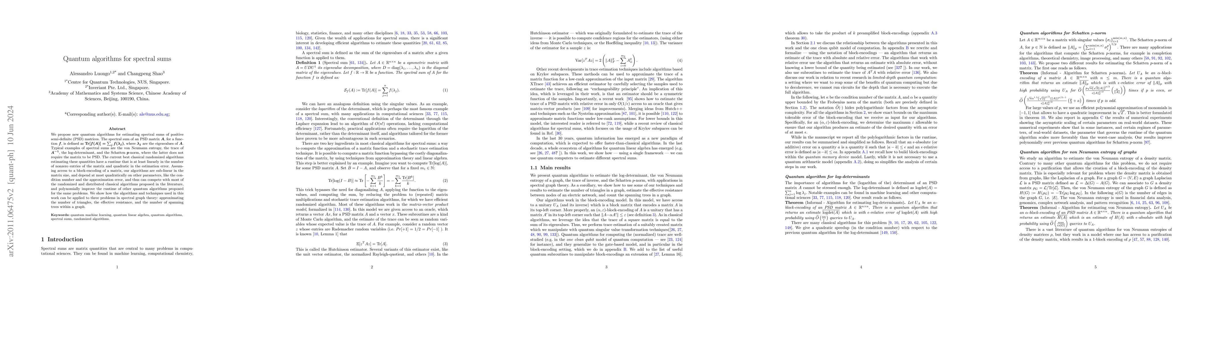 Thumbnail for Quantum algorithms for spectral sums