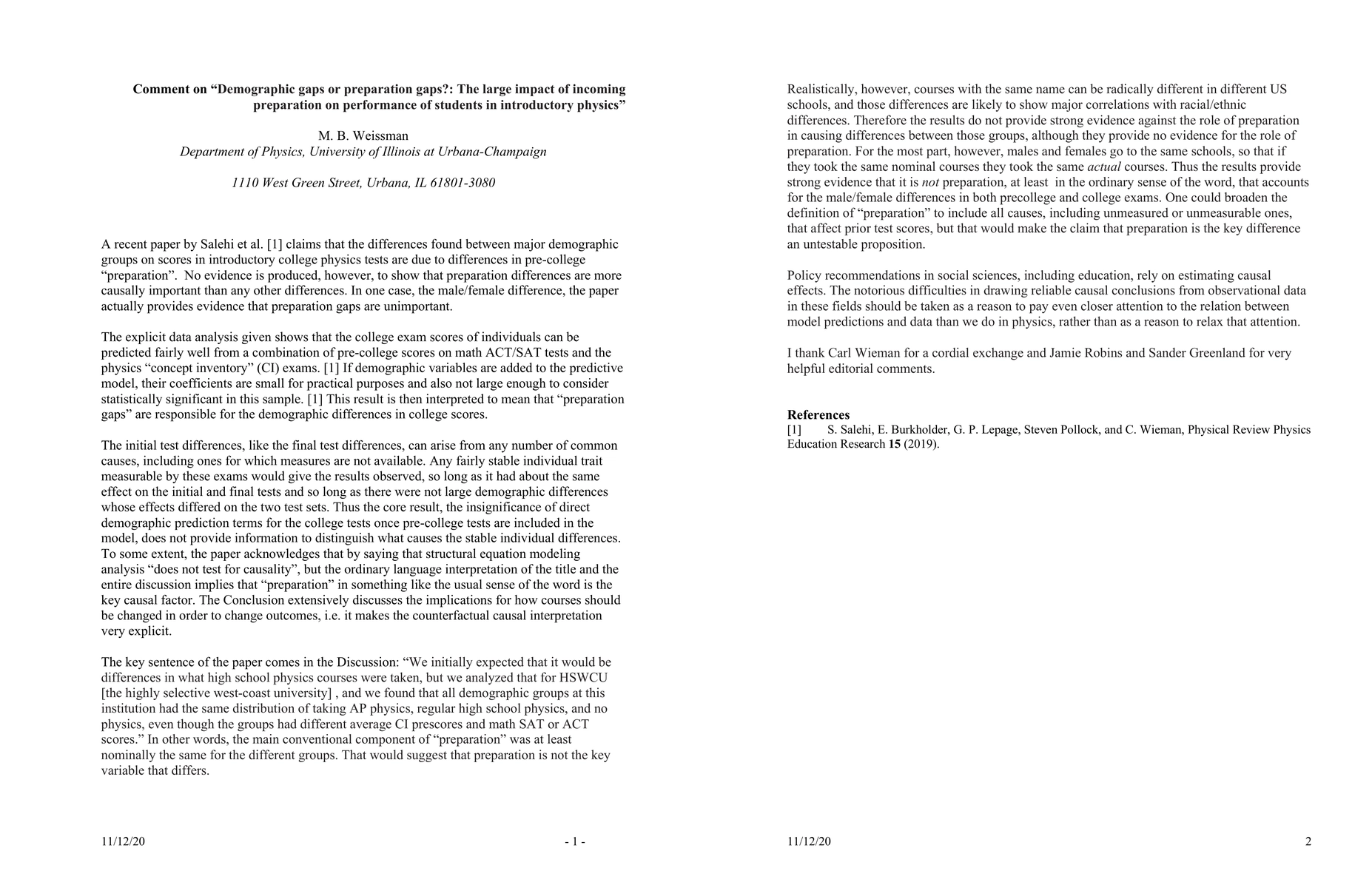 Thumbnail for Comment on Demographic gaps or preparation gaps?: The large impact of
  incoming preparation on performance of students in introductory physics