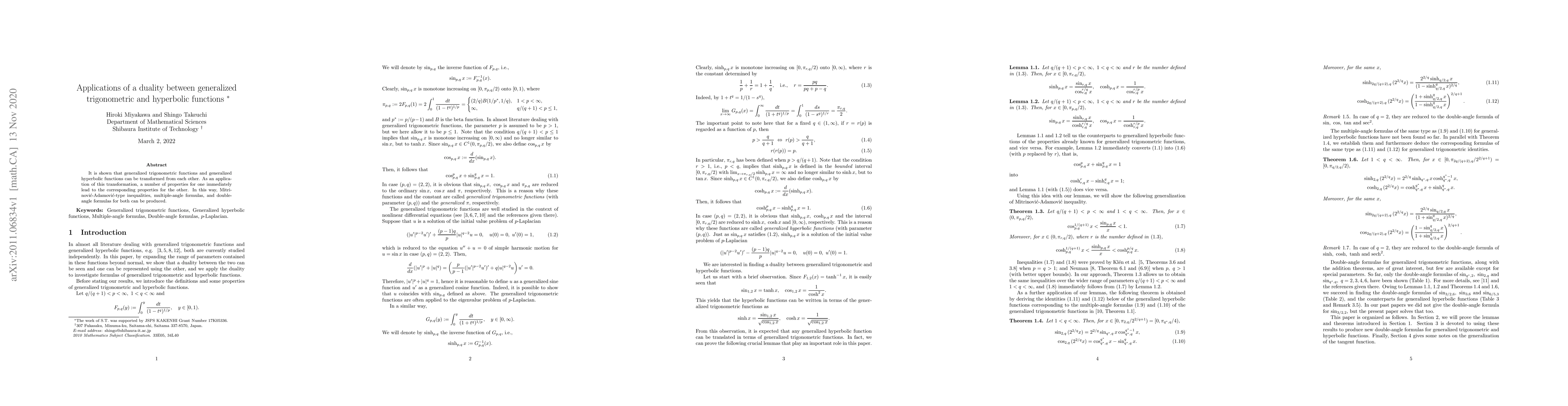 Thumbnail for Applications of a duality between generalized trigonometric and
  hyperbolic functions