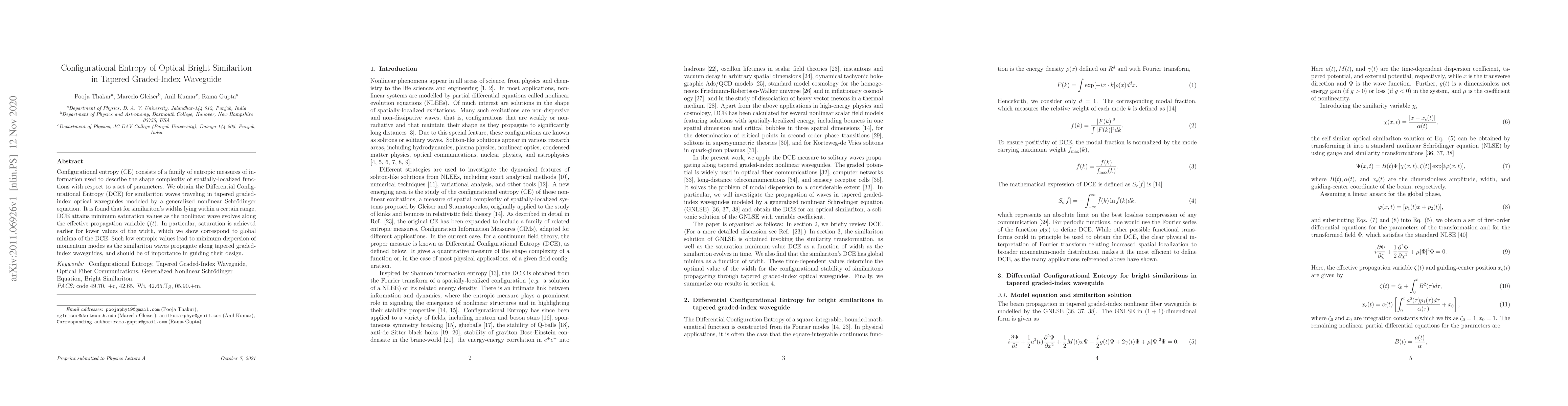 Thumbnail for Configurational Entropy of Optical Bright Similariton in Tapered
  Graded-Index Waveguide
