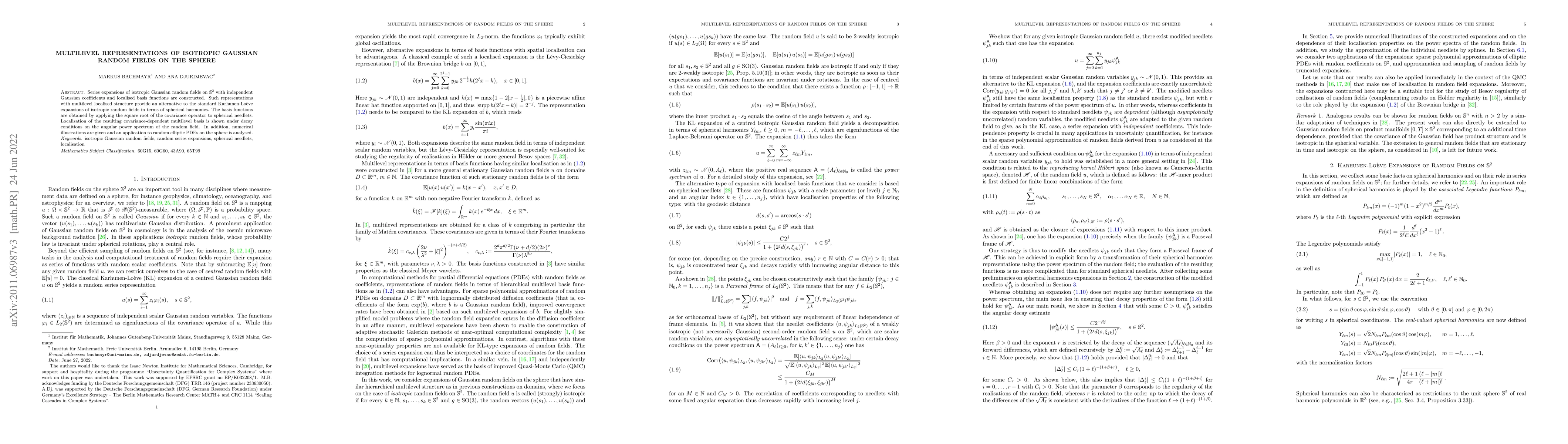 Thumbnail for Multilevel Representations of Isotropic Gaussian Random Fields on the
  Sphere