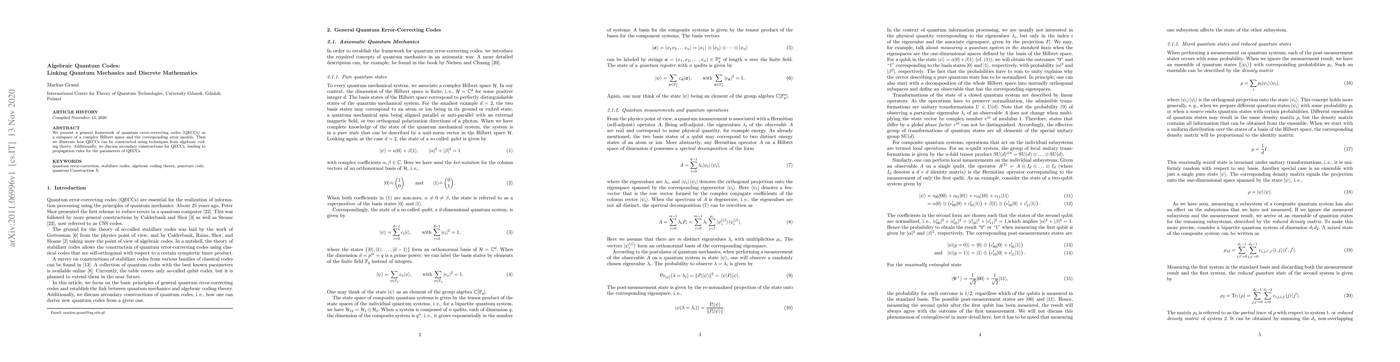 Thumbnail for Algebraic Quantum Codes: Linking Quantum Mechanics and Discrete
  Mathematics