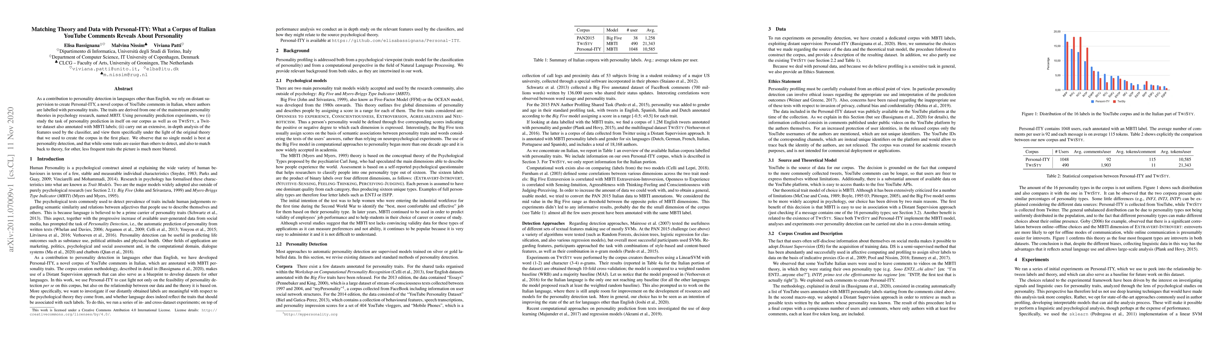 Thumbnail for Matching Theory and Data with Personal-ITY: What a Corpus of Italian
  YouTube Comments Reveals About Personality
