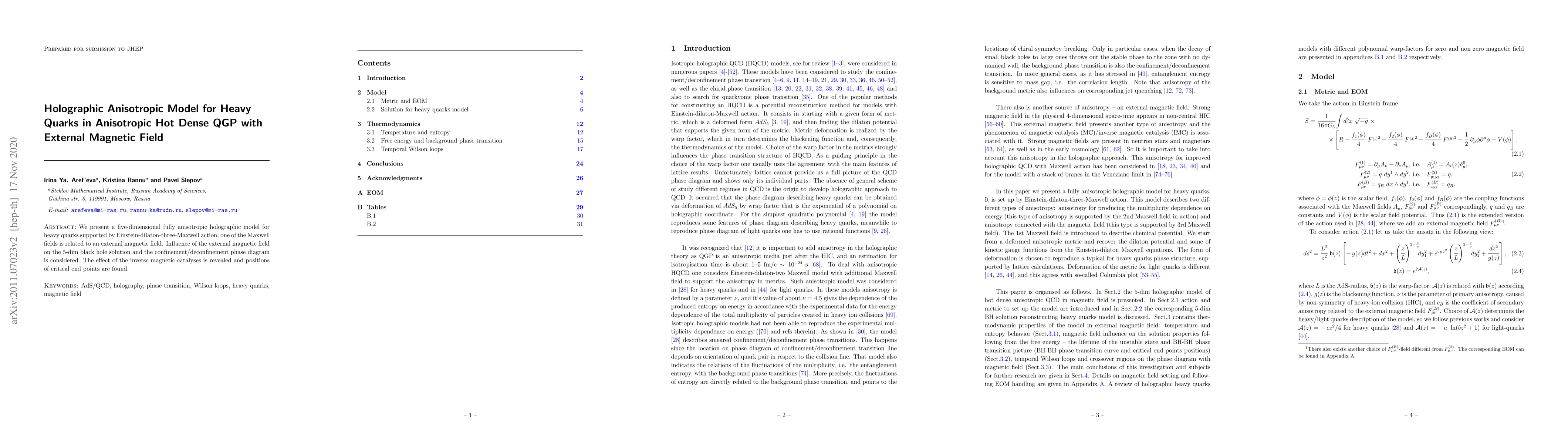 Thumbnail for Holographic Anisotropic Model for Heavy Quarks in Anisotropic Hot Dense
  QGP with External Magnetic Field
