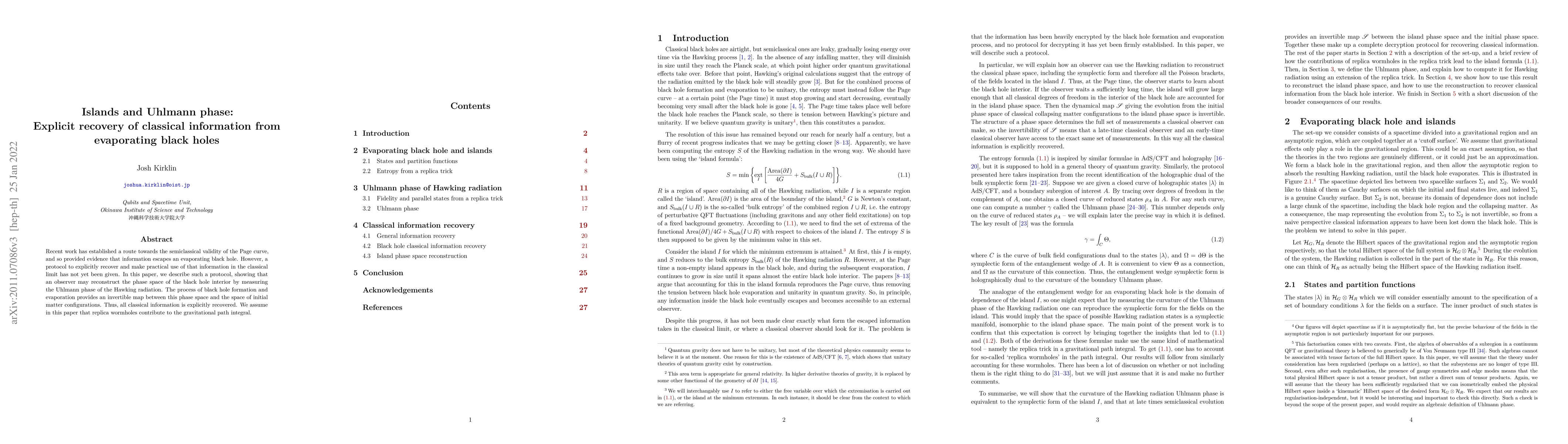 Thumbnail for Islands and Uhlmann phase: Explicit recovery of classical information
  from evaporating black holes