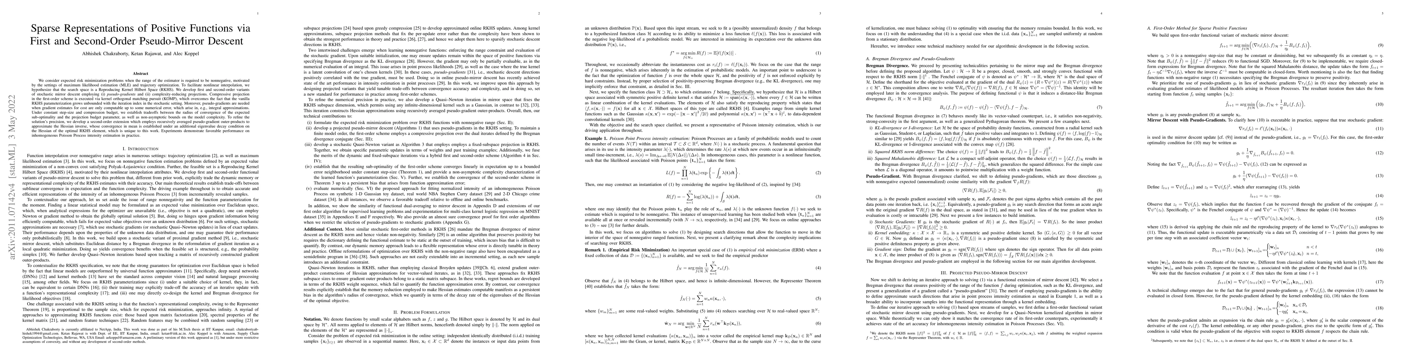 Thumbnail for Sparse Representations of Positive Functions via First and Second-Order
  Pseudo-Mirror Descent