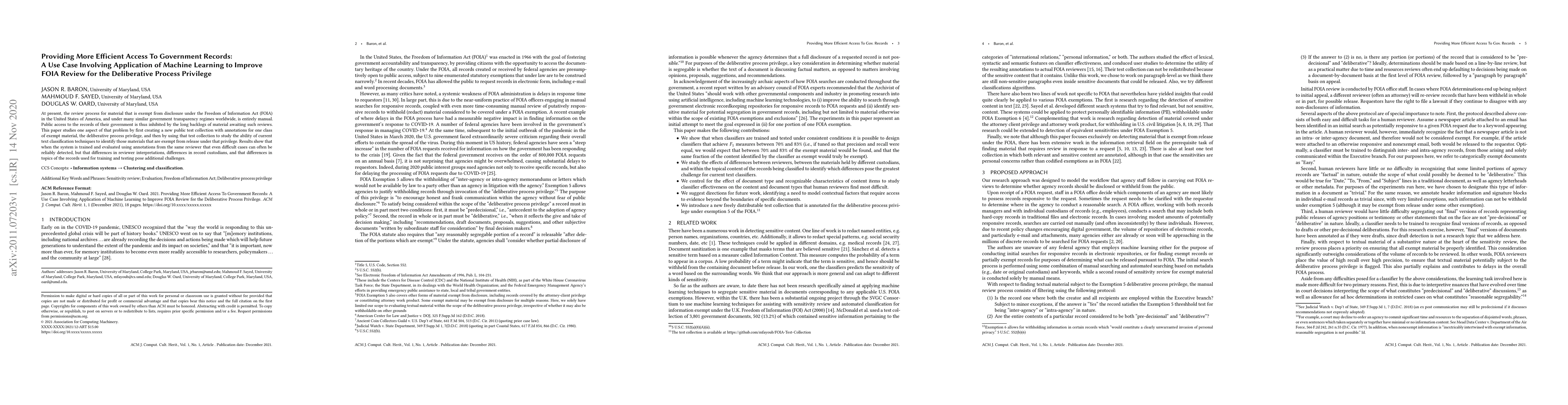 Thumbnail for Providing More Efficient Access To Government Records: A Use Case
  Involving Application of Machine Learning to Improve FOIA Review for the
  Deliberative Process Privilege