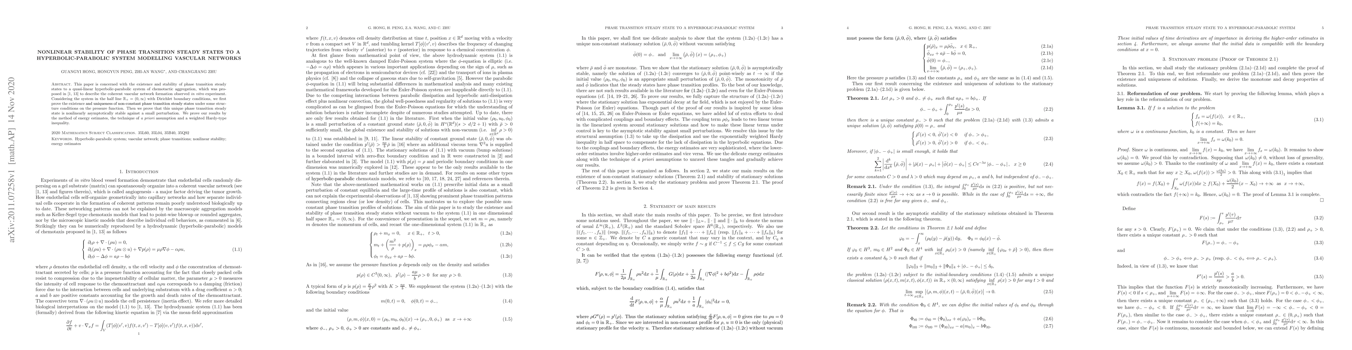 Thumbnail for Nonlinear stability of phase transition steady states to a
  hyperbolic-parabolic system modelling vascular networks