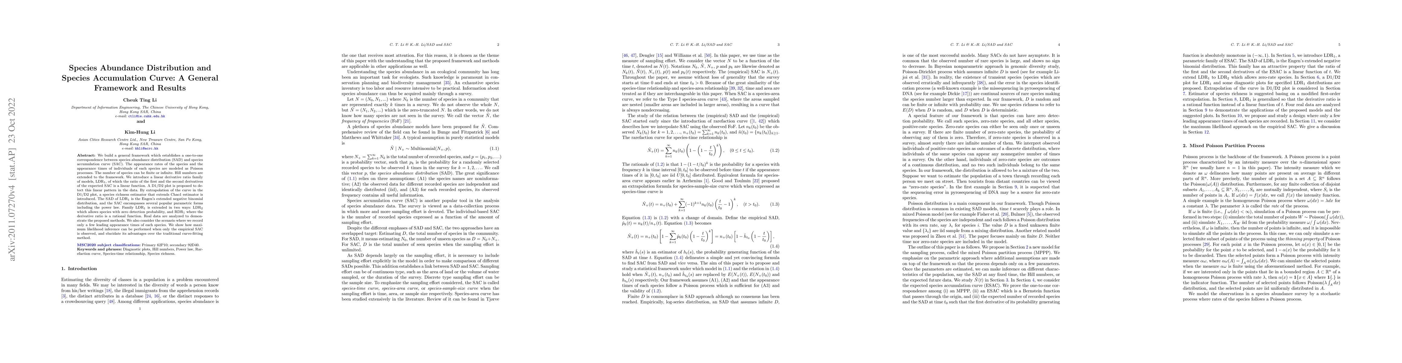 Thumbnail for Species Abundance Distribution and Species Accumulation Curve: A General
  Framework and Results