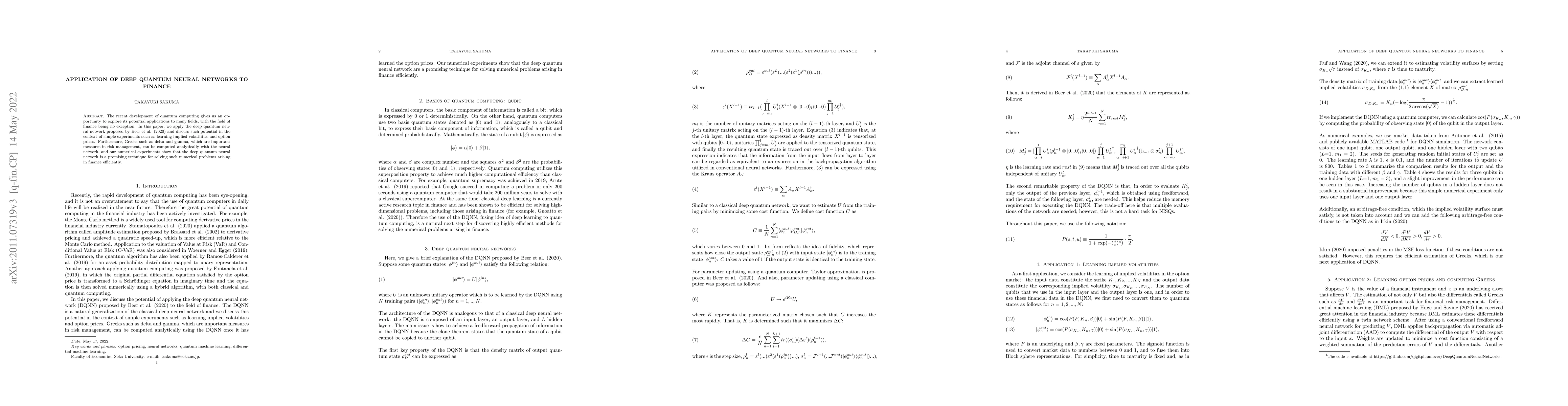Thumbnail for Application of deep quantum neural networks to finance