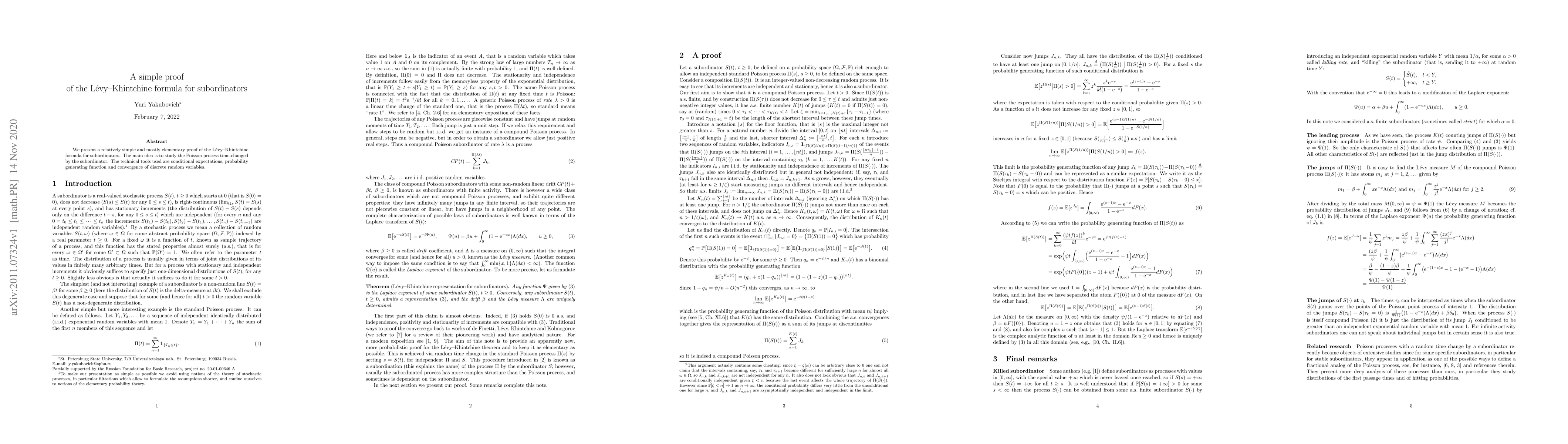 Thumbnail for A simple proof of the L\'evy--Khintchine formula for subordinators
