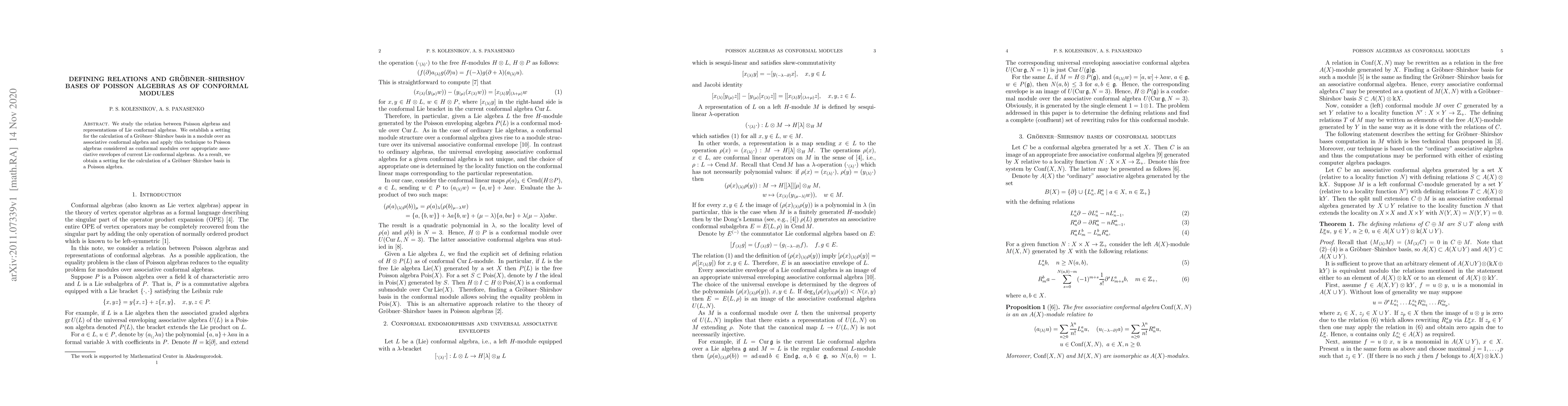 Thumbnail for Defining relations and Gr\"obner--Shirshov bases of Poisson algebras as
  of conformal modules