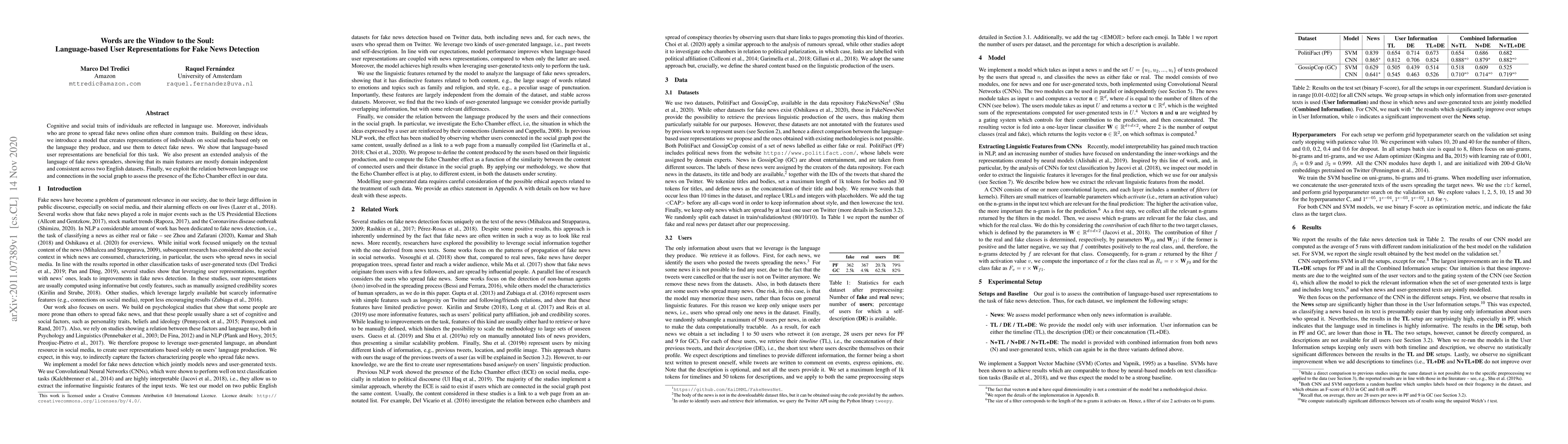 Thumbnail for Words are the Window to the Soul: Language-based User Representations
  for Fake News Detection