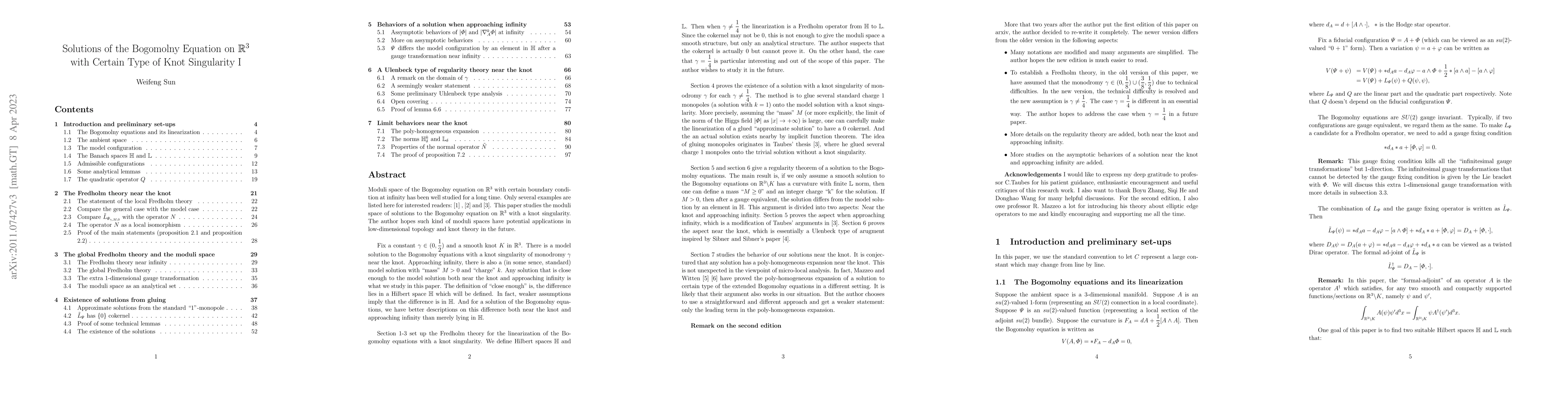 Thumbnail for Solutions of the Bogomolny Equation on R^3 with Certain Type of Knot
  Singularity I