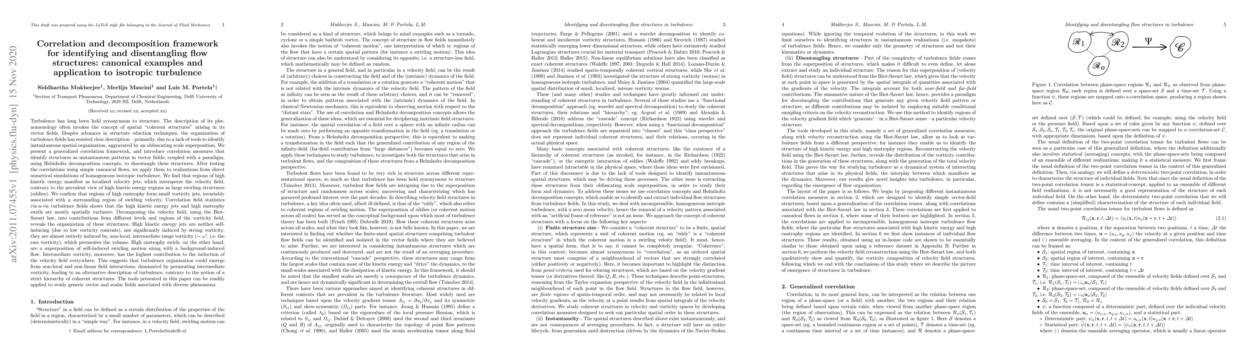 Thumbnail for Correlation and decomposition framework for identifying and
  disentangling flow structures: canonical examples and application to
  isotropic turbulence